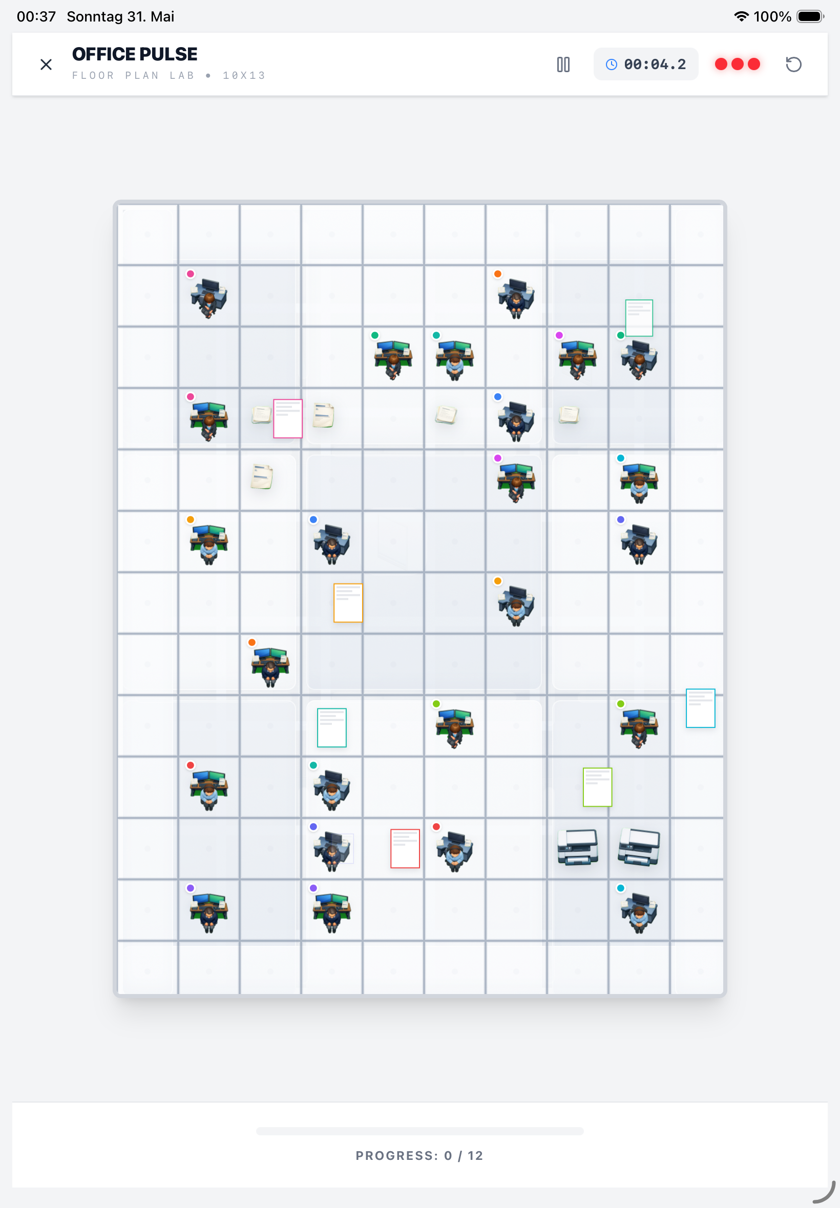iPad gameplay screenshot with large 10x13 office grid and path-planning pressure.